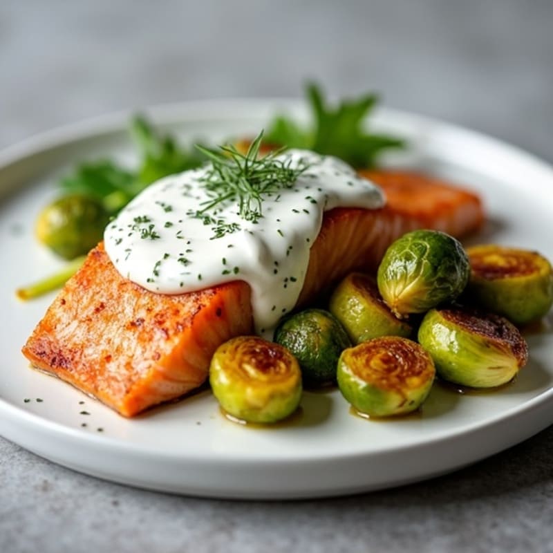Pan-Seared Salmon with Creamy Dill Sauce and Caramelized Brussels Sprouts