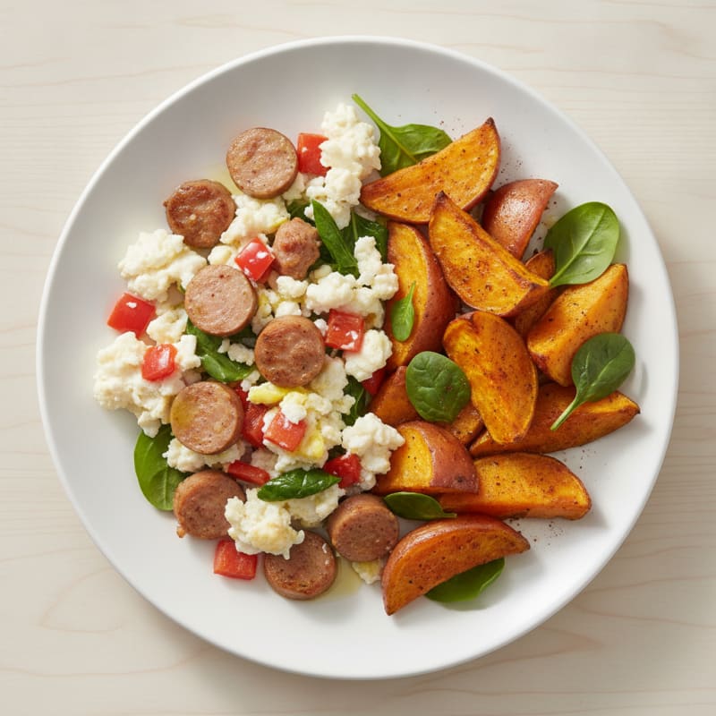 Egg White Scramble with Turkey Sausage and Roasted Sweet Potatoes