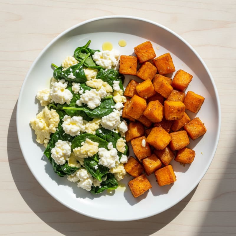 Egg White and Spinach Scramble with Cottage Cheese and Roasted Sweet Potatoes