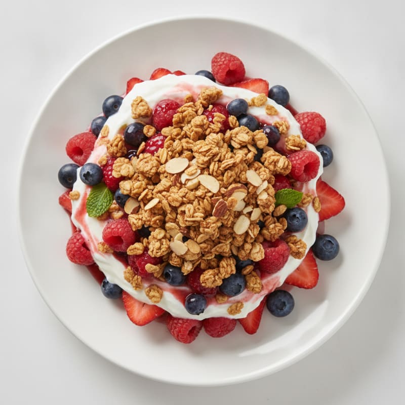 Greek Yogurt Parfait with Mixed Berries and Crunchy Almond Granola