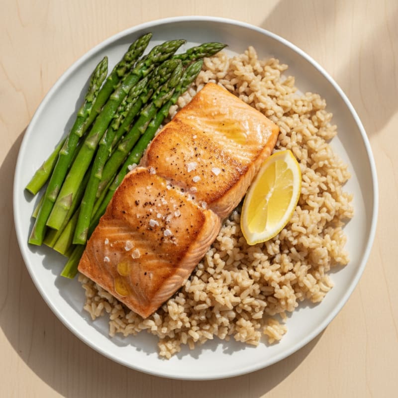 Seared Salmon Fillet with Steamed Asparagus and Brown Rice