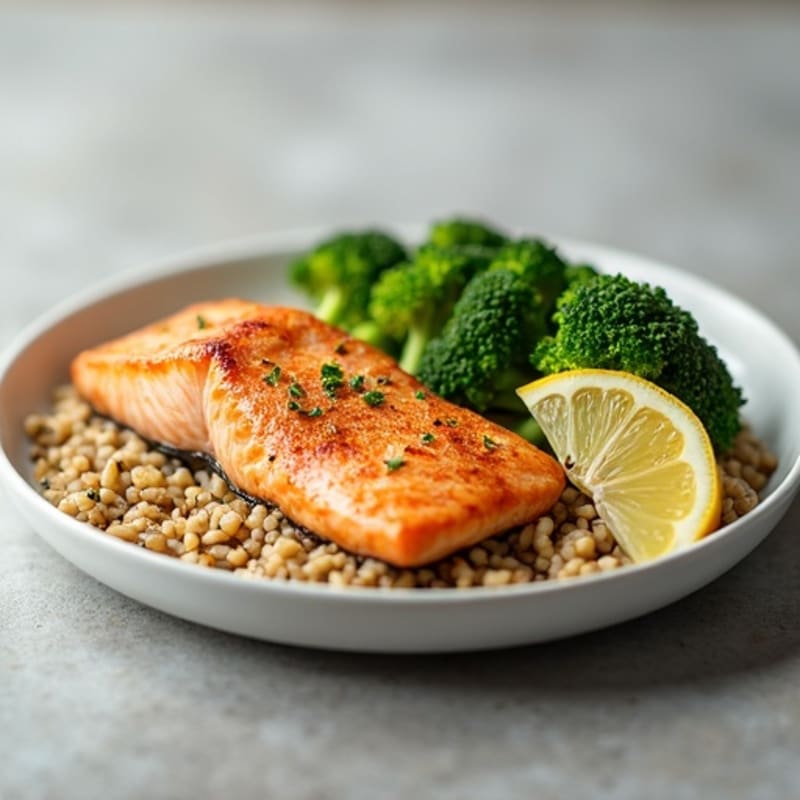 Seared Salmon with Creamy Garlic Broccoli and Brown Rice