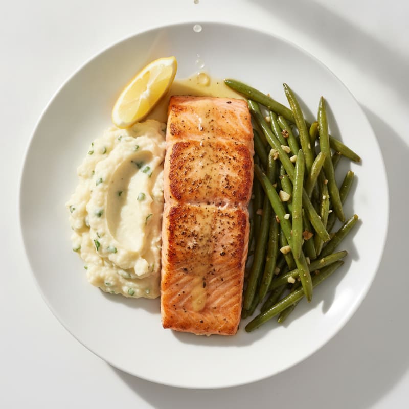 Seared Salmon with Garlic Green Beans and Mashed Cauliflower
