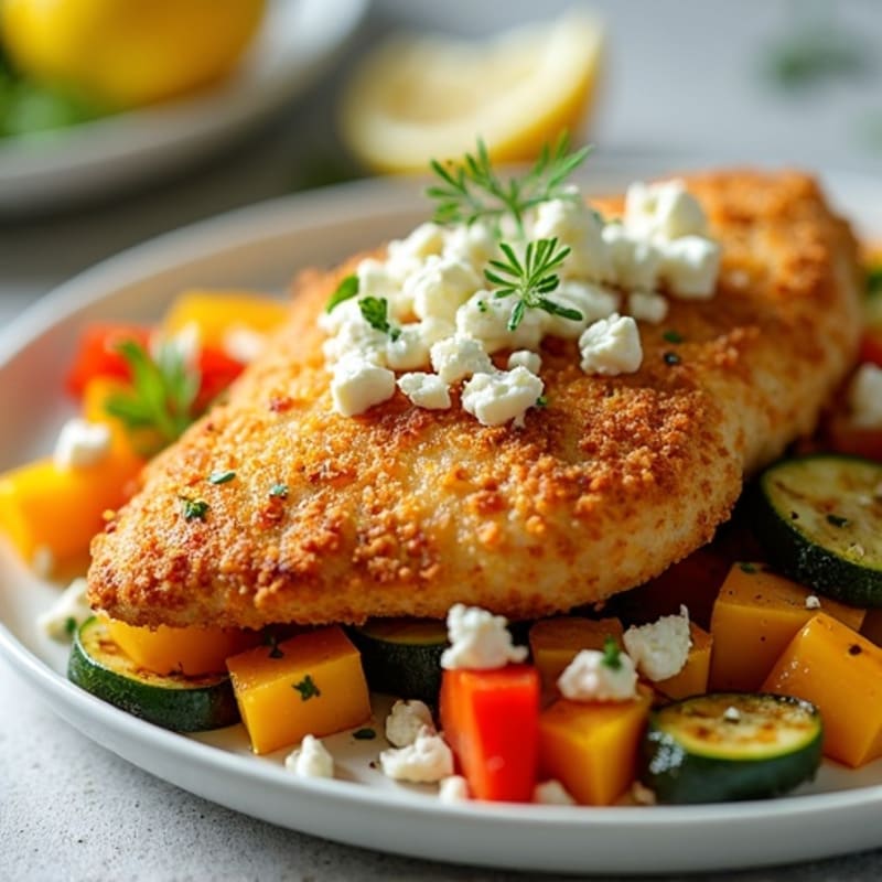 Crispy Lemon Herb Chicken with Roasted Vegetables and Feta