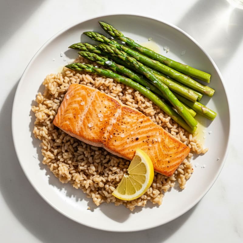 Seared Salmon with Steamed Asparagus and Brown Rice