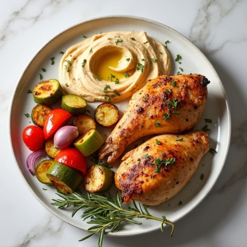 Herb-Roasted Chicken with Roasted Vegetables and Creamy Hummus