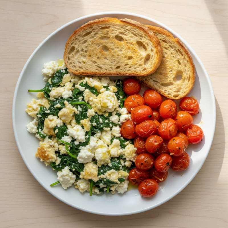 Egg White and Spinach Scramble with Cottage Cheese and Cherry Tomatoes