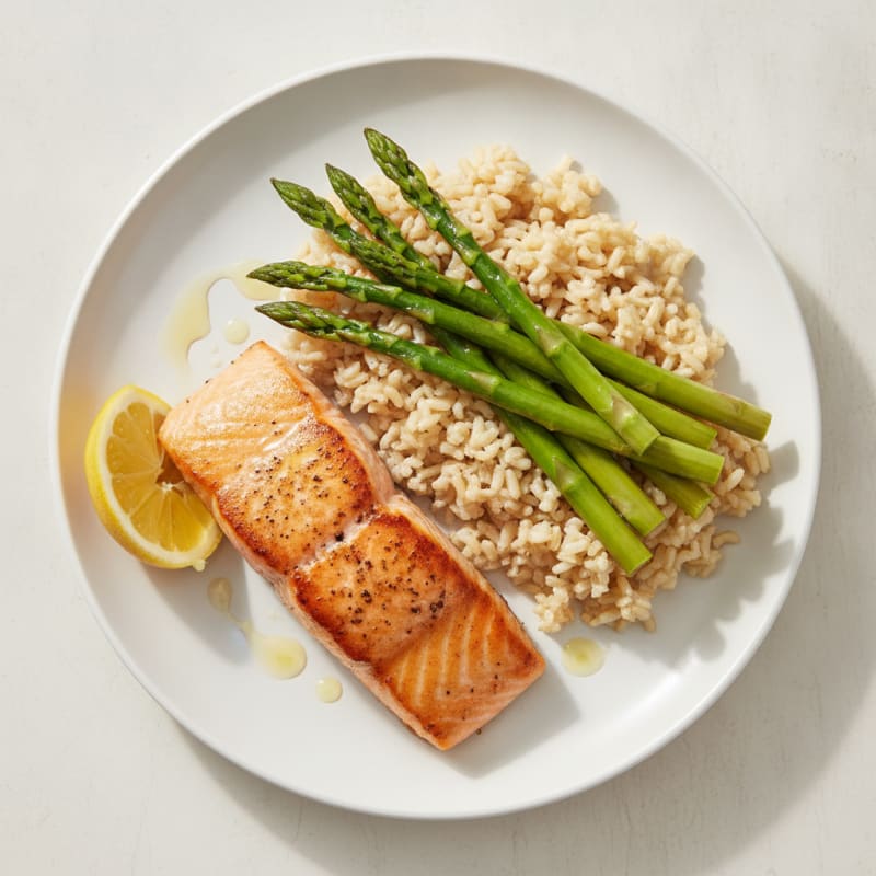 Seared Salmon with Steamed Asparagus and Brown Rice