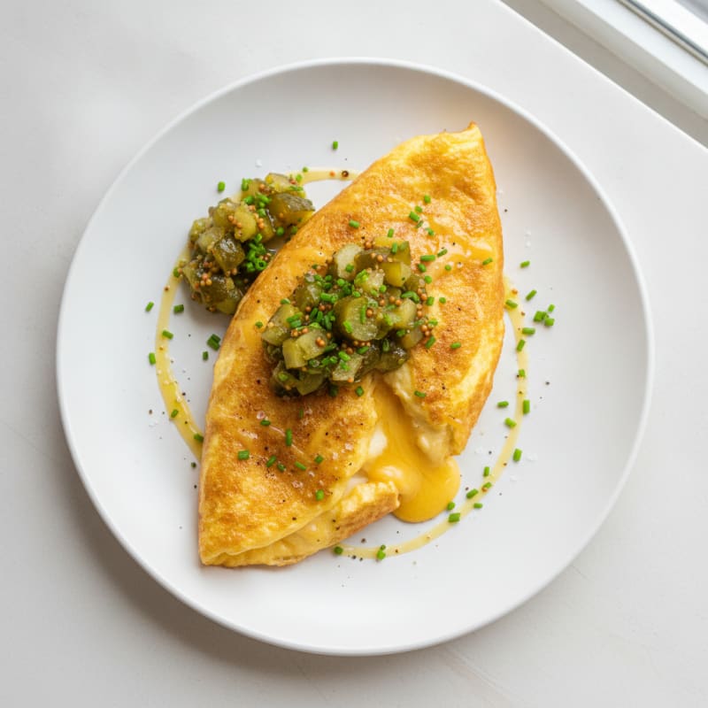 Cheddar Omelette with Gherkin Relish