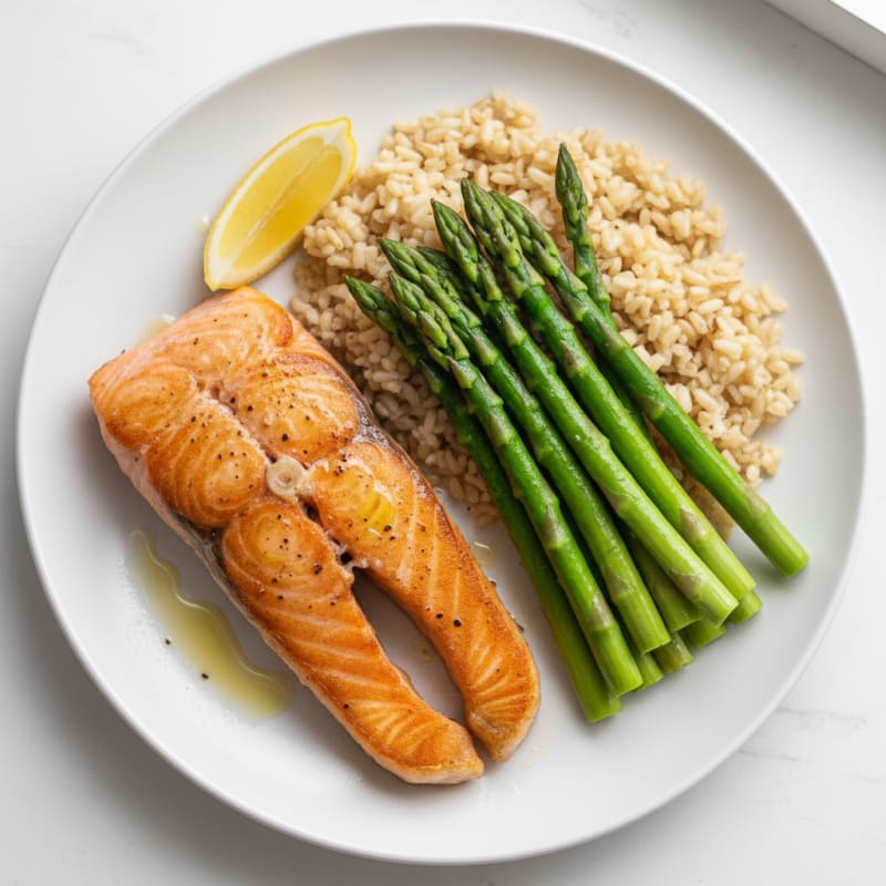 Seared Salmon with Steamed Asparagus and Brown Rice