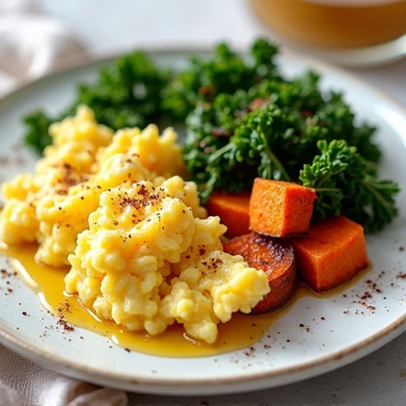 Fluffy Scrambled Eggs with Roasted Sweet Potatoes and Kale