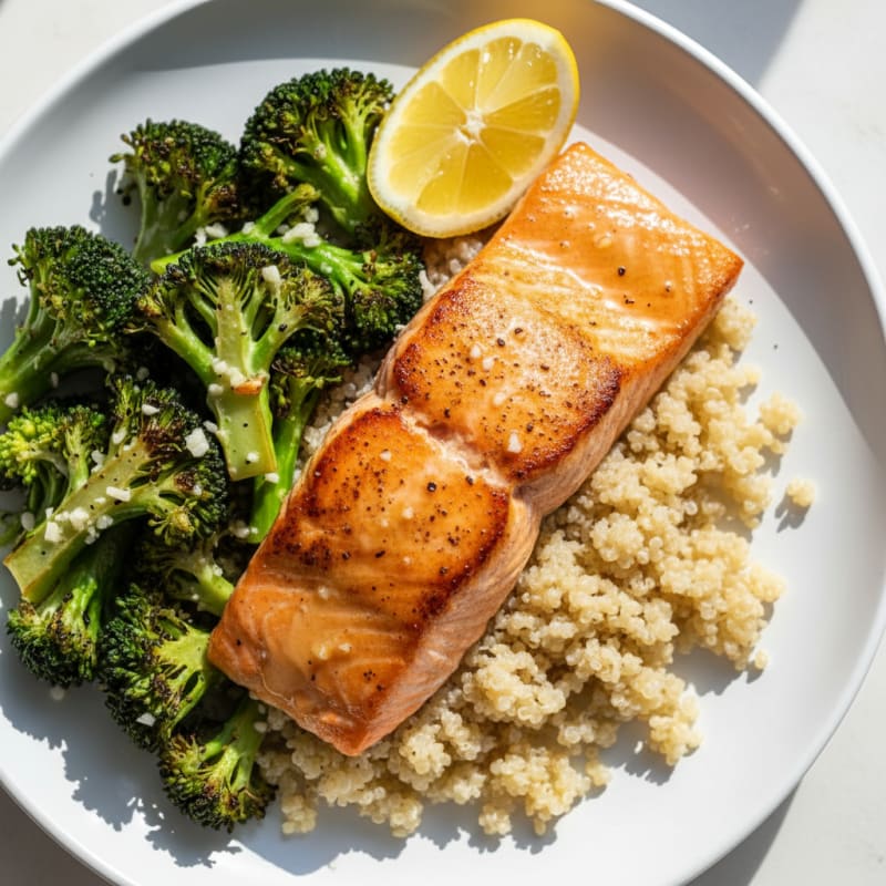 Seared Salmon with Roasted Broccoli and Quinoa