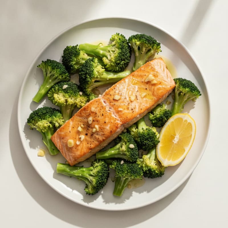 Seared Salmon Fillet with Steamed Broccoli and Lemon
