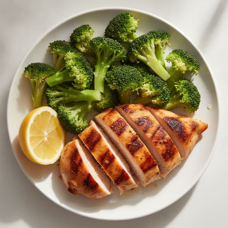 Grilled Chicken Breast with Steamed Broccoli and Lemon