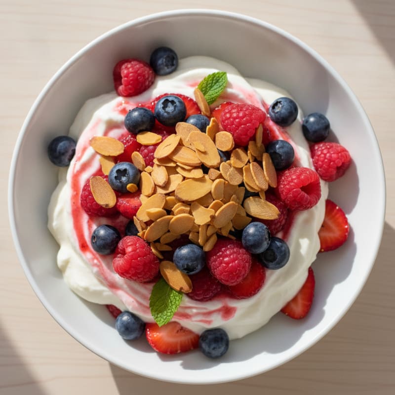 Greek Yogurt Protein Parfait with Mixed Berries and Almonds