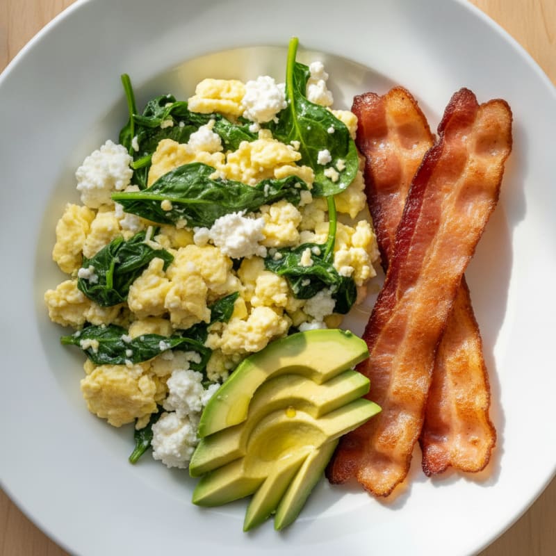 Cottage Cheese Egg Scramble with Spinach and Turkey Bacon