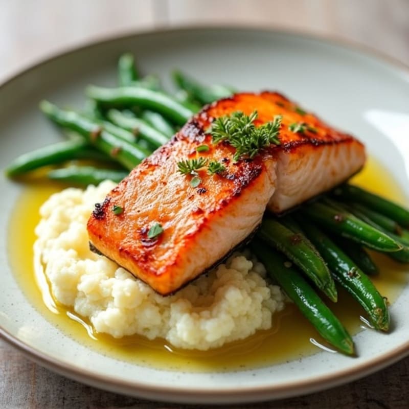 Seared Salmon with Steamed Green Beans and Cauliflower Mash