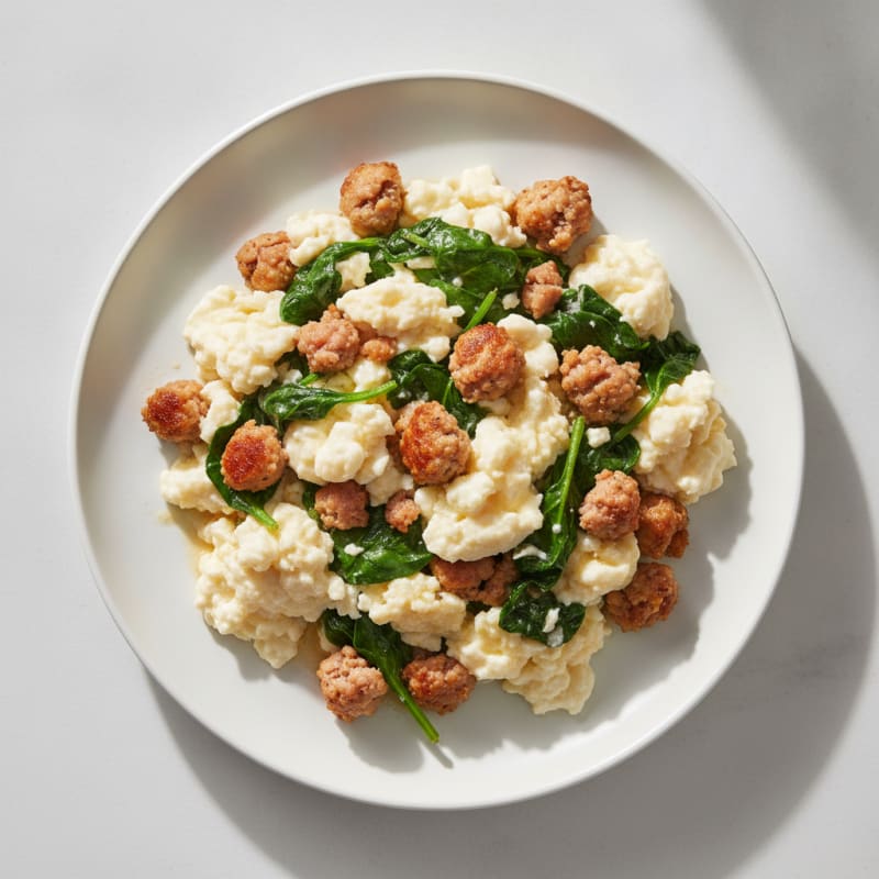 Egg White Scramble with Turkey Sausage and Sautéed Spinach
