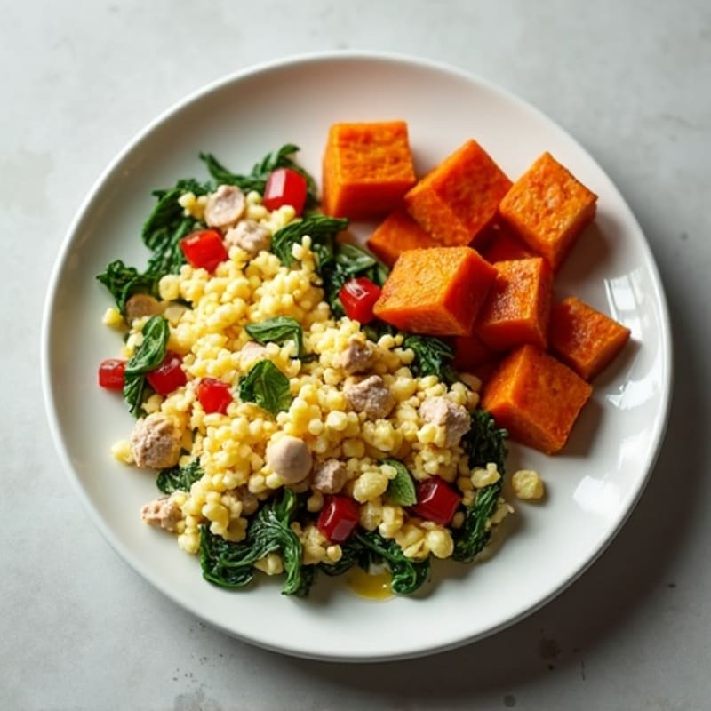 Egg White and Turkey Spinach Scramble with Roasted Sweet Potatoes