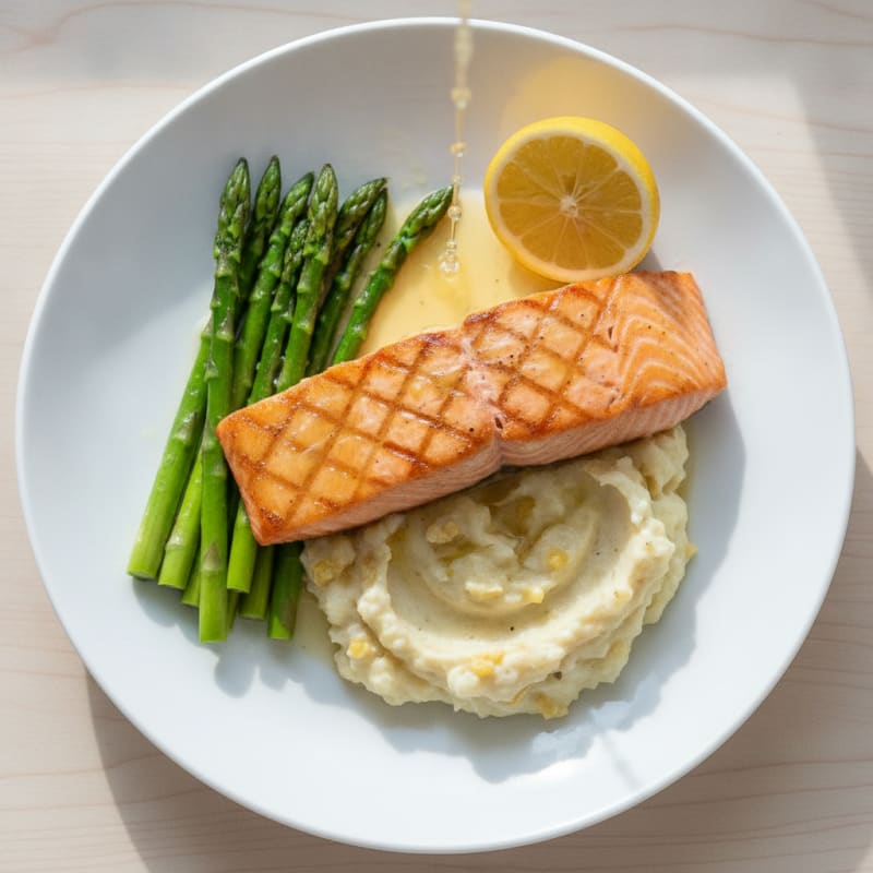 Seared Salmon Fillet with Steamed Asparagus and Cauliflower Mash