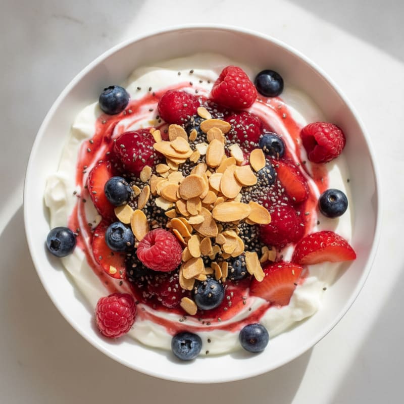 Greek Yogurt Protein Parfait with Mixed Berries and Almonds