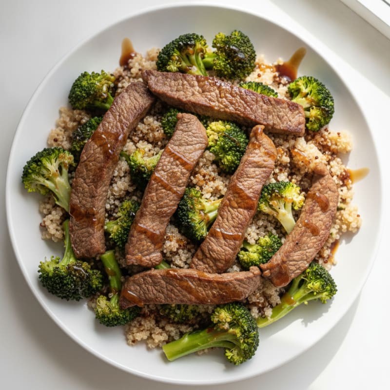 Seared Lean Beef Strips with Steamed Broccoli and Quinoa