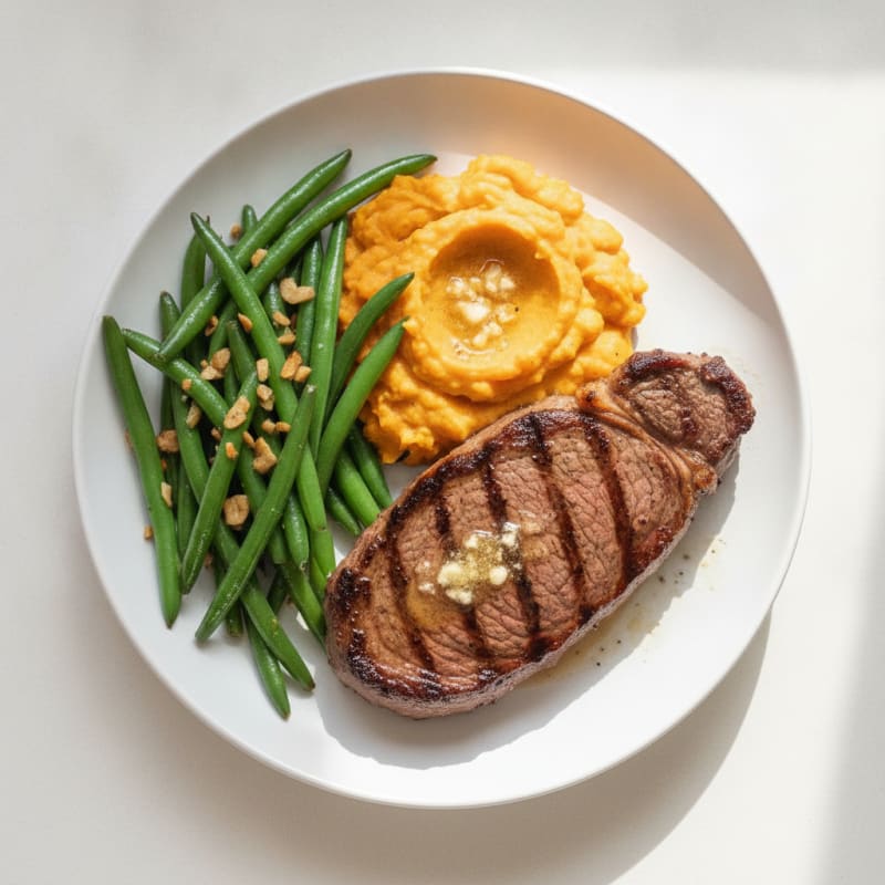 Seared Sirloin Steak with Garlic Green Beans and Sweet Potato Mash