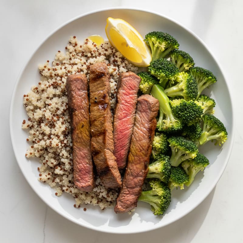Seared Lean Beef with Steamed Broccoli and Quinoa