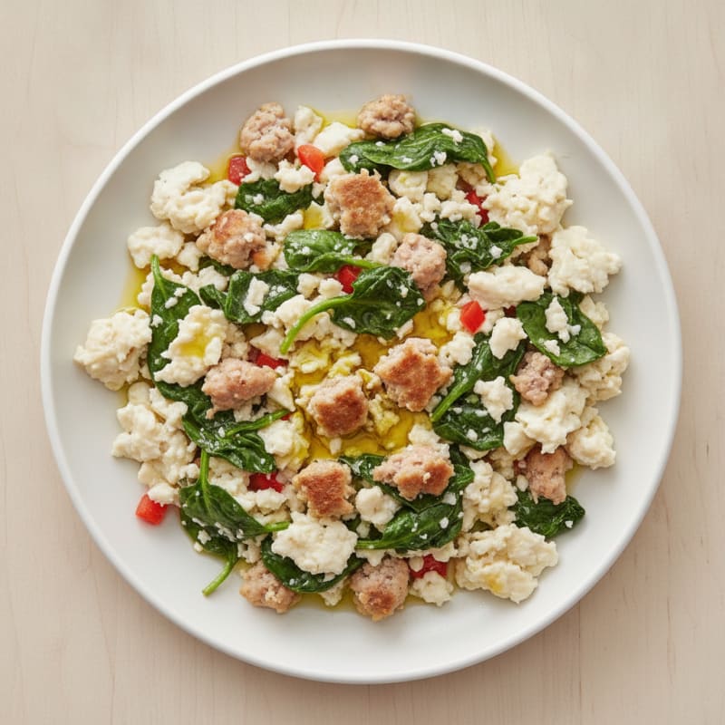 Egg White and Turkey Sausage Scramble with Sautéed Spinach