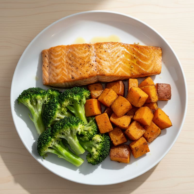 Seared Salmon with Roasted Sweet Potatoes and Steamed Broccoli