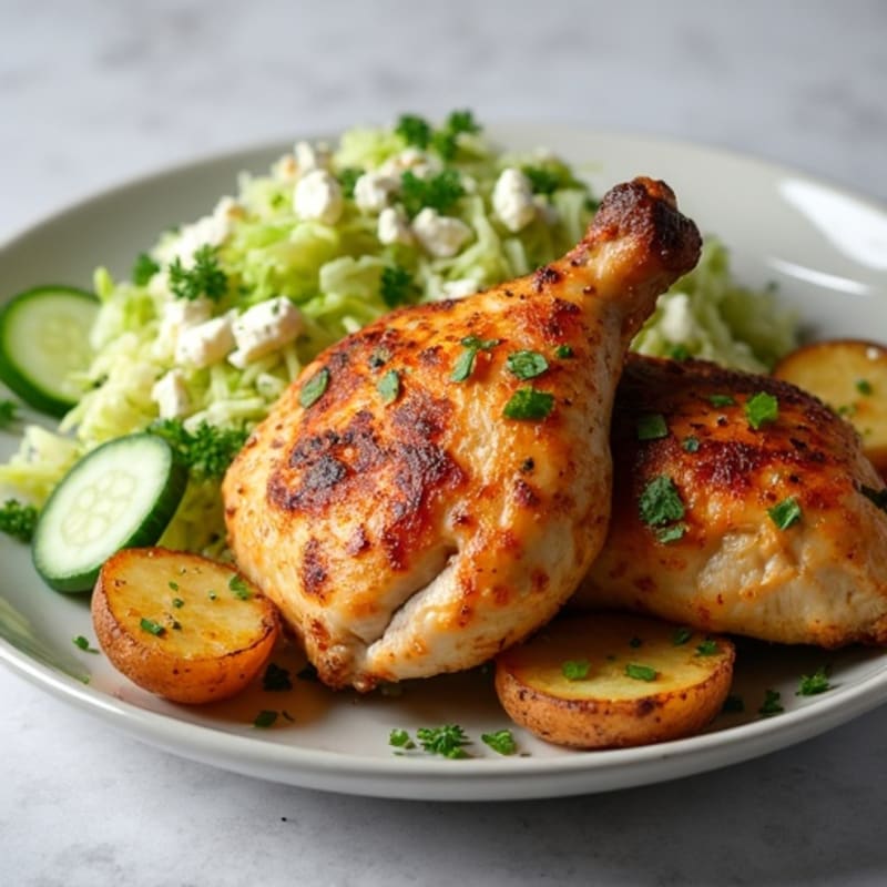 Crispy Roasted Chicken Thighs with Roasted Potatoes and Fresh Dill-Feta Cabbage Cucumber Slaw