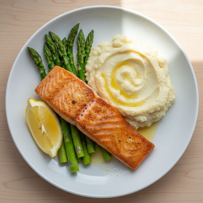 Seared Salmon with Steamed Asparagus and Cauliflower Mash
