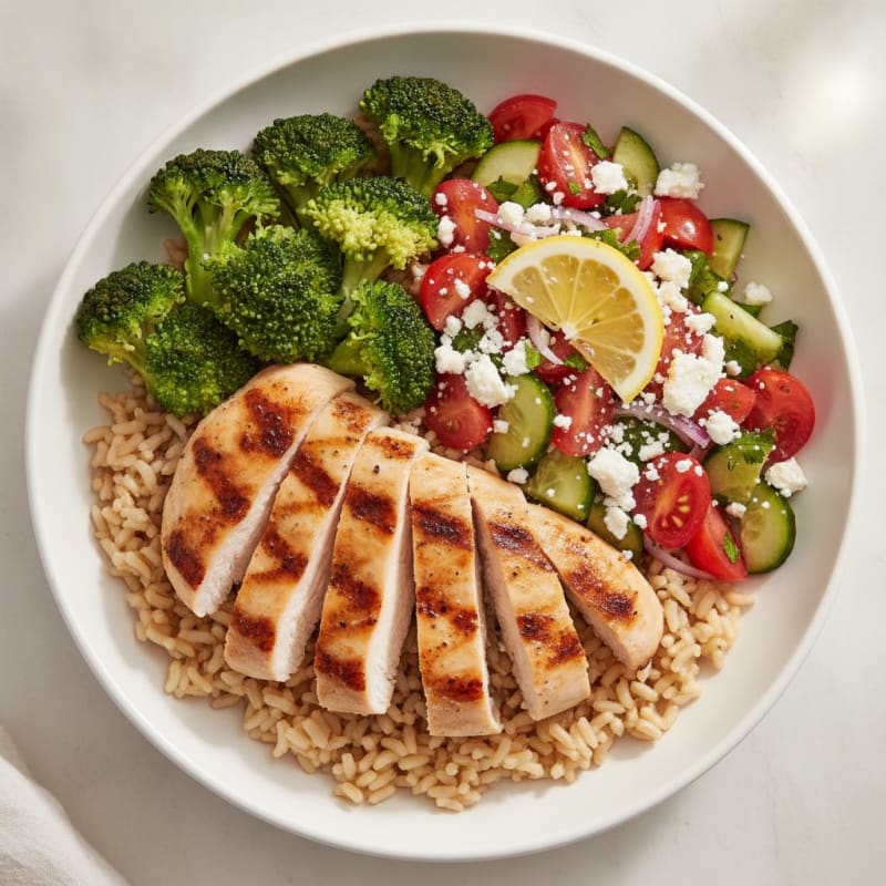Grilled Chicken and Broccoli Rice Bowl with Tomato-Cucumber Salad