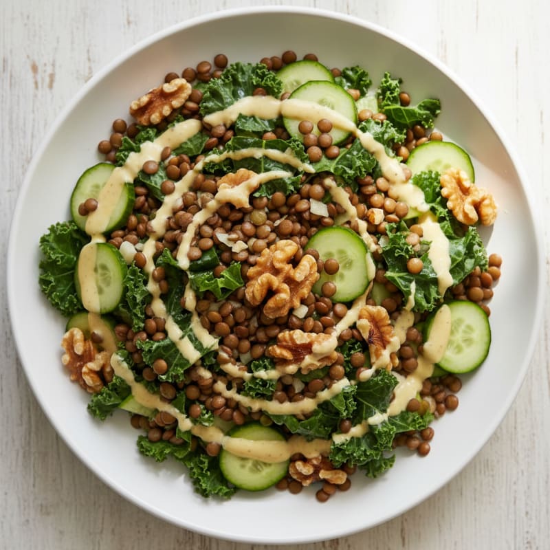 Lentil Walnut Crunch Salad with Lemon-Tahini Dressing
