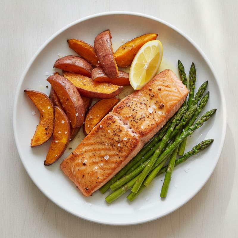 Seared Salmon with Roasted Sweet Potato and Asparagus