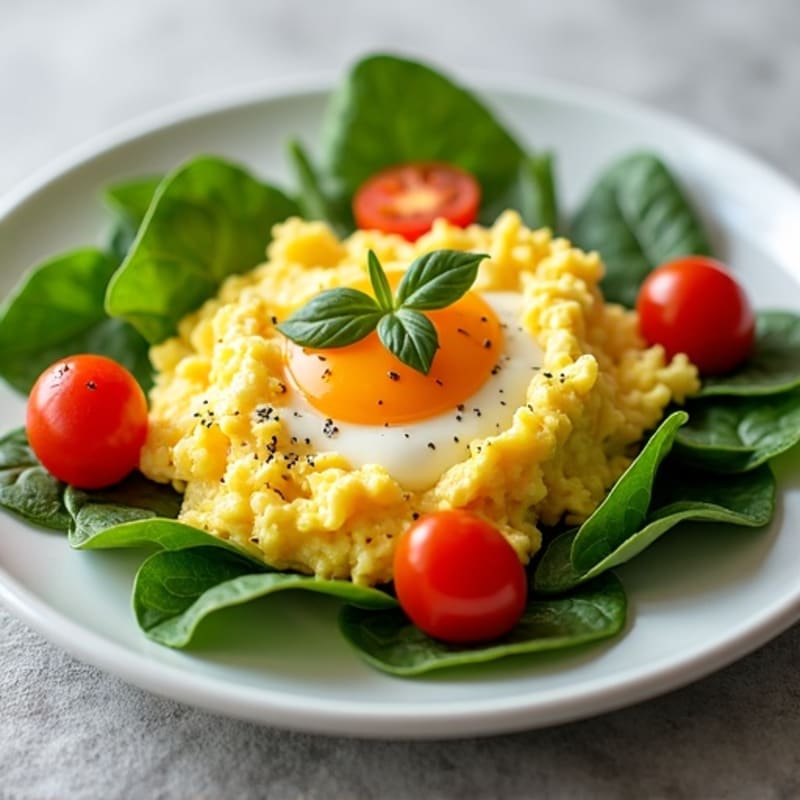 Fluffy Scrambled Eggs with Fresh Spinach and Cherry Tomatoes