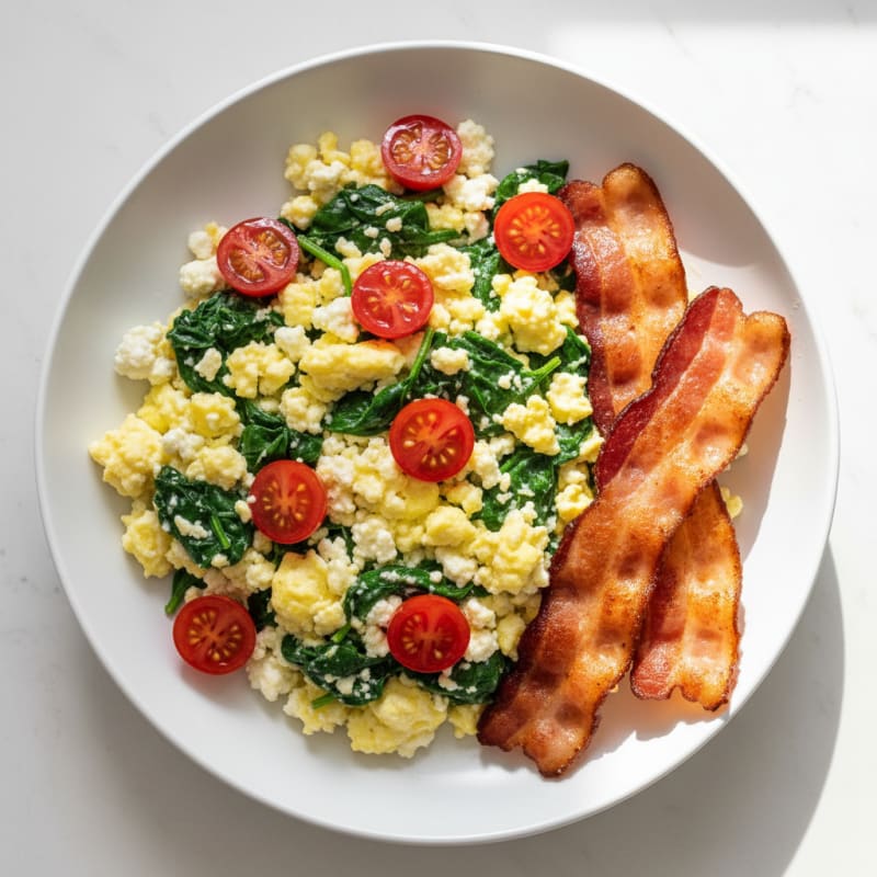 Cottage Cheese Egg Scramble with Spinach and Turkey Bacon