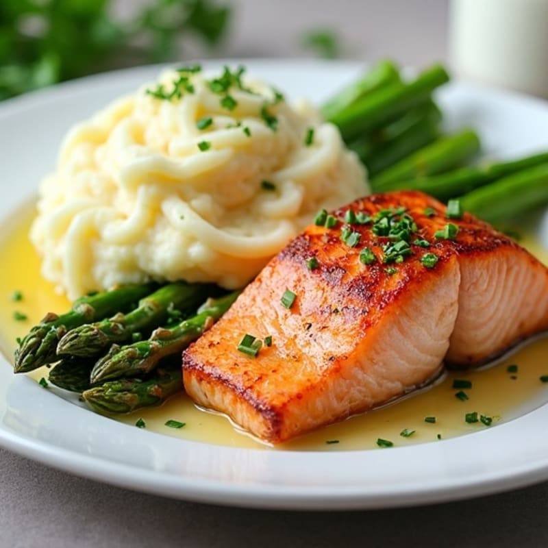 Seared Salmon Fillet with Steamed Asparagus and Herb Mashed Potatoes