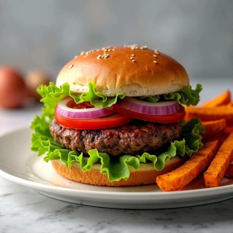 Lean Grilled Beef Burger with Roasted Sweet Potato Fries