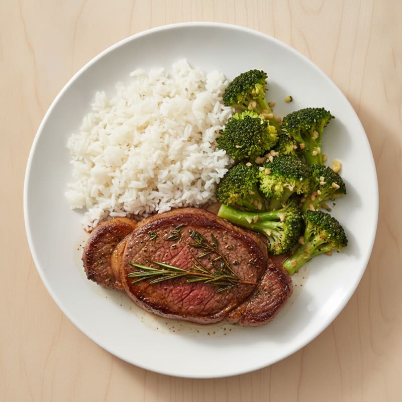 Herb-Seared Beef Steak with Steamed Rice and Garlic Broccoli
