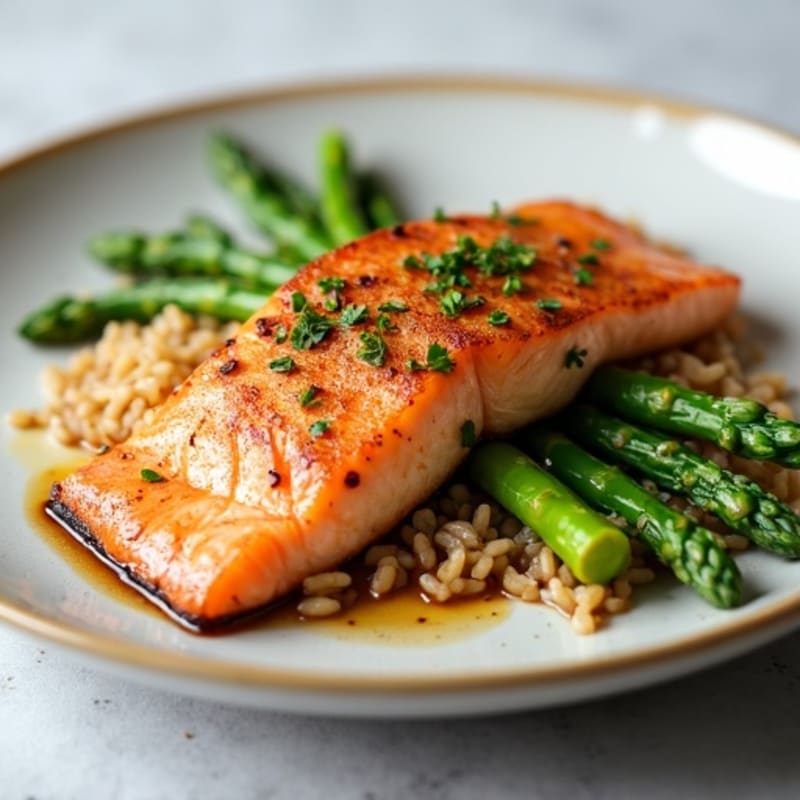 Seared Salmon Fillet with Steamed Asparagus and Brown Rice