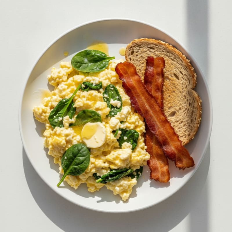Cottage Cheese Egg Scramble with Spinach and Turkey Bacon