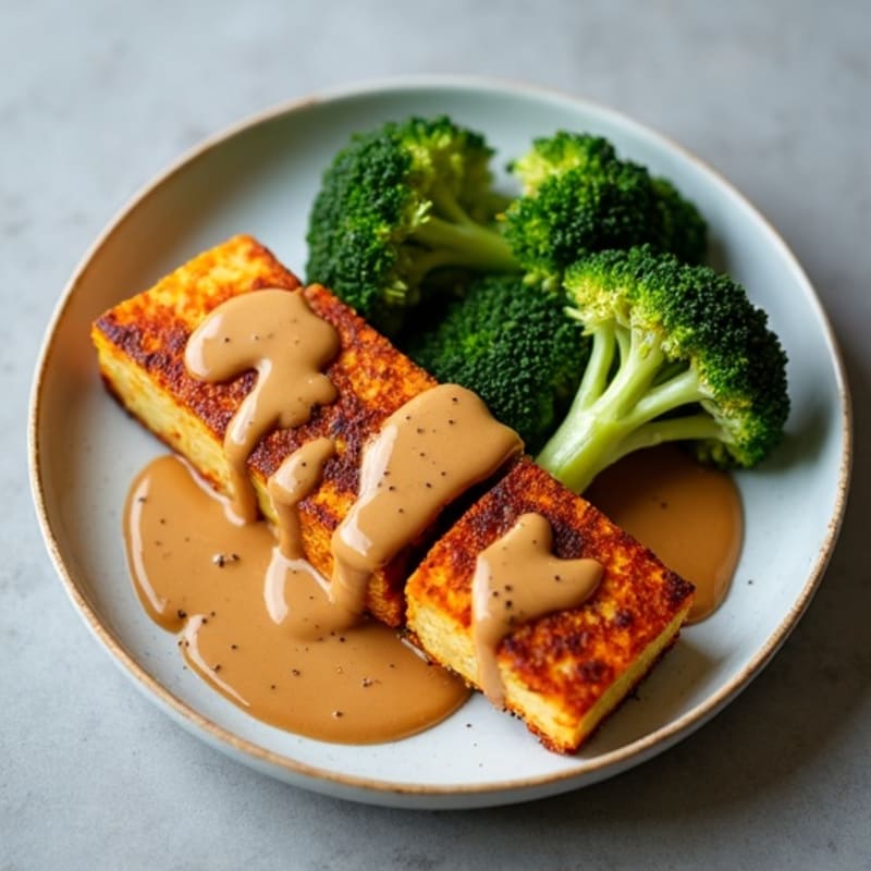 Crispy Tofu with Roasted Broccoli and Peanut Sauce