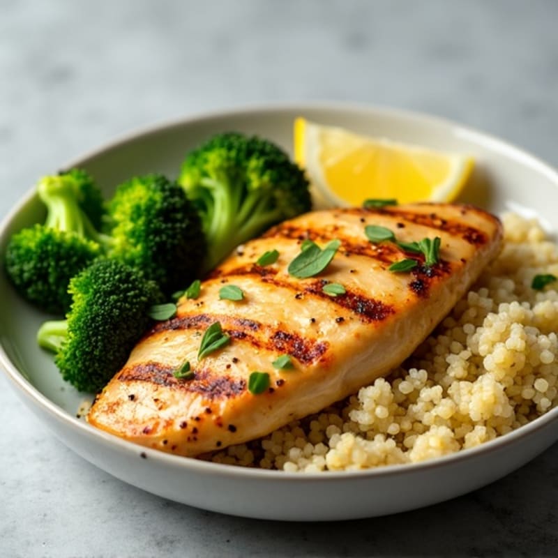 Grilled Lemon Garlic Chicken Breast with Quinoa and Steamed Broccoli