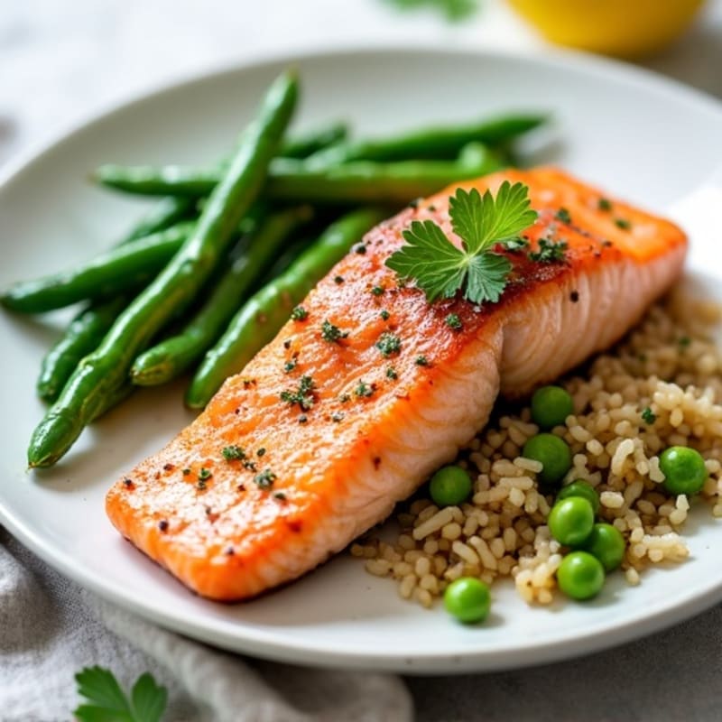 Seared Salmon with Garlic Green Beans, Brown Rice, and Edamame Garnish