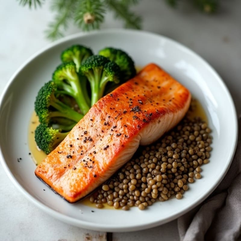 Seared Salmon with Roasted Broccoli and Lentils