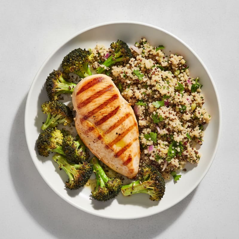 Grilled Chicken Breast with Roasted Broccoli and Quinoa Salad