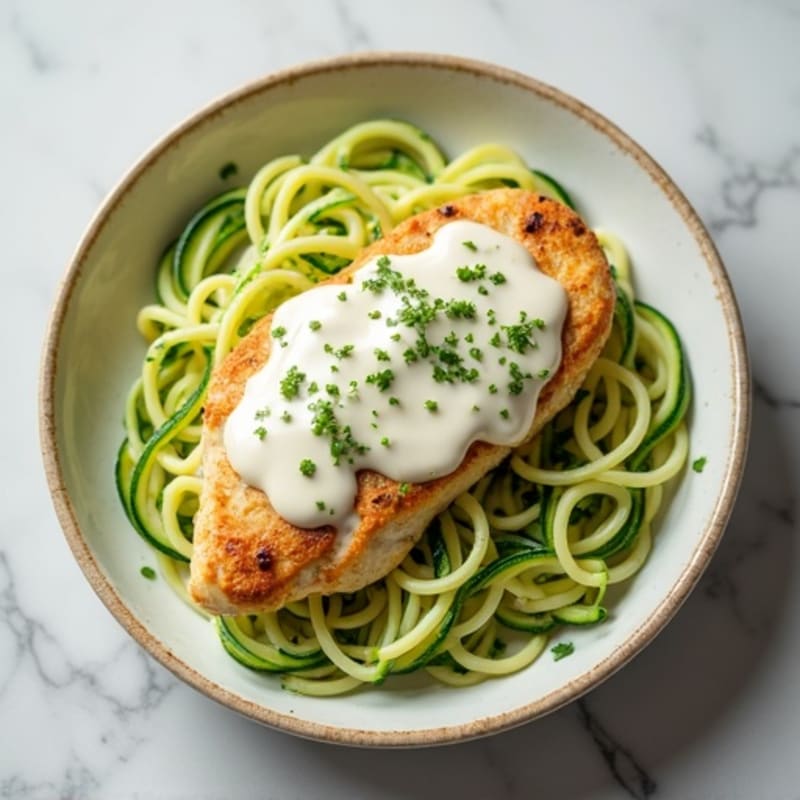 Creamy Cauliflower Alfredo Chicken with Zucchini Noodles