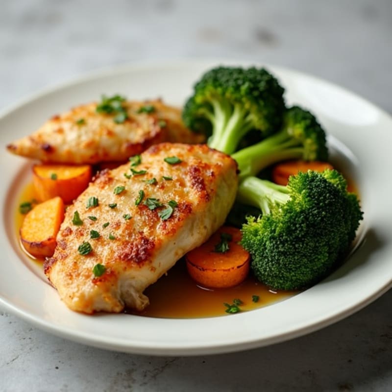 Crispy Lemon Garlic Chicken with Roasted Broccoli and Sweet Potato