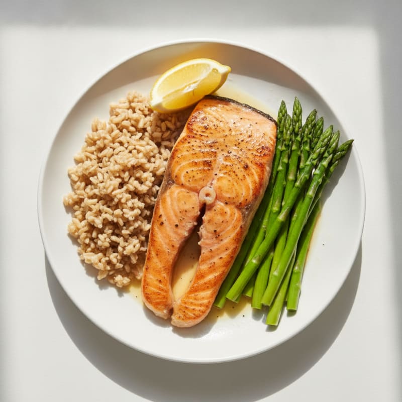 Seared Salmon with Steamed Asparagus and Brown Rice